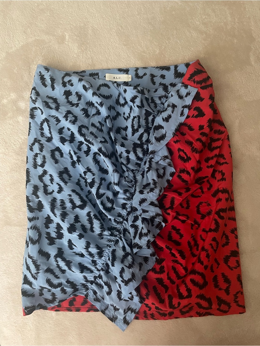 A.L.C. Blue, Red & Black Leopard-Print Asymmetrical Ruffle Skirt